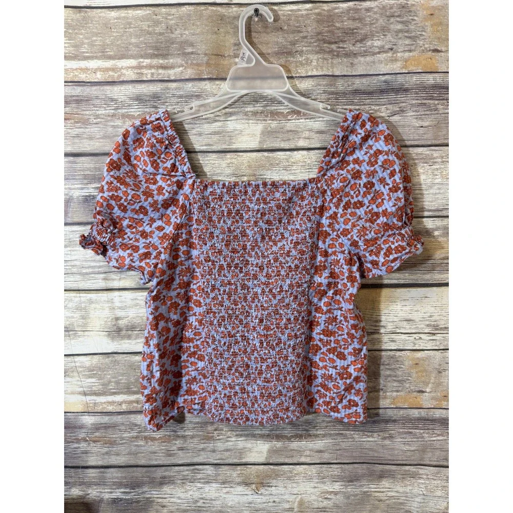 Madewell Button Front Smocked Back Floral Top NF231 Blue Rust Women Size 0